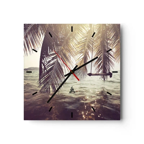 Zegar ścienny - Palma z huśtawką nad wodą w świetle słońca - 30x30cm - Można bujać w obłokach do woli - Nowoczesna dekoracja ścienna do salonu i sypialni ARTTOR