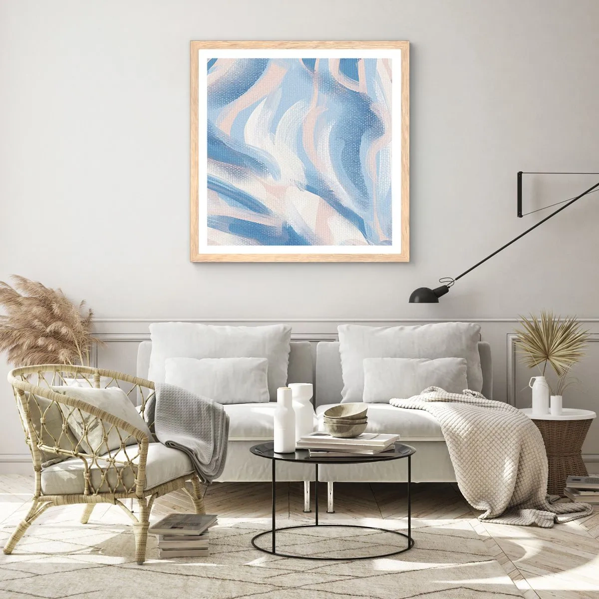 Plakat w ramie jasny dąb - Błękitne falowanie - 40x40 cm