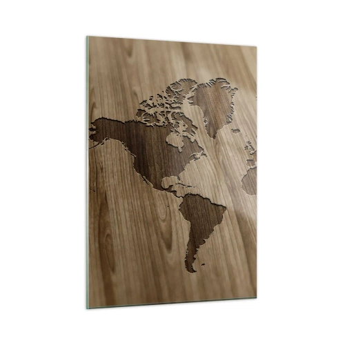 Obraz na szkle - Mapa świata wycięta w drewnianej powierzchni - 50x70cm - Świat podany na stole - Nowoczesna dekoracja ścienna do salonu, kuchni i sypialni ARTTOR