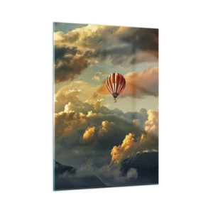 Obraz na szkle - Balon unoszący się nad górami wśród chmur przy zachodzie słońca - 50x70cm - Lecę, bo chcę - Nowoczesna dekoracja ścienna do salonu, kuchni i sypialni ARTTOR