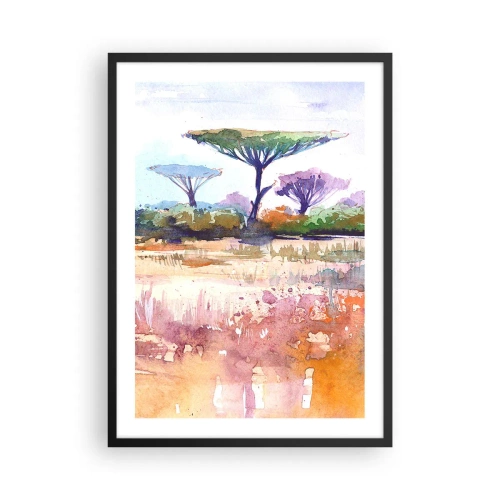 Plakat w czarnej ramie - Akwarela przedstawiająca krajobraz sawanny z drzewami akacji - 50x70cm - Kolory sawanny - Nowoczesna dekoracja ścienna do salonu i sypialni ARTTOR