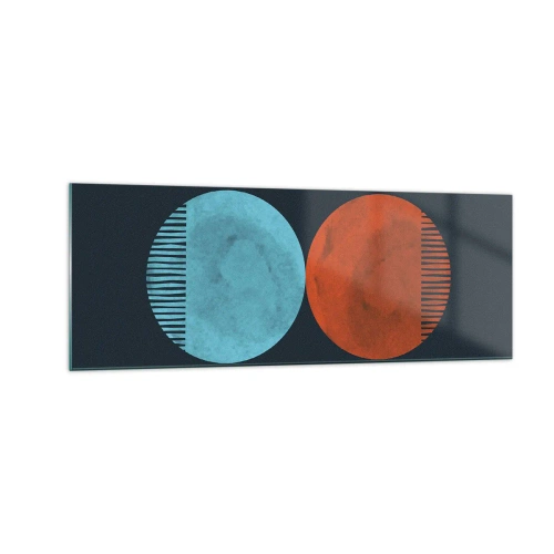 Obraz na szkle - Minimalistyczne dwa koła w kolorach niebieskim i pomarańczowym - 140x50cm - Tylko geometria? - Nowoczesna dekoracja ścienna do salonu i sypialni ARTTOR