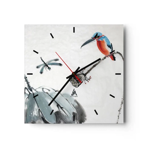 Zegar ścienny - Kolorowy ptak na tle roślinności i ważki - 30x30cm - Życie łąki - Nowoczesna dekoracja ścienna do salonu i sypialni ARTTOR