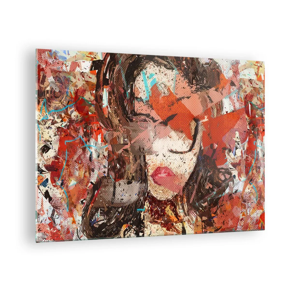 Obraz na szkle - Abstrakcyjny portret kobiety w odcieniach czerwieni i beżu - 70x50cm - Naprawdę, jaka jesteś, nie wie nikt - Nowoczesna dekoracja ścienna do salonu i sypialni ARTTOR