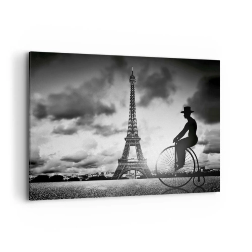Obraz na płótnie - Czarno-biały obraz z rowerem retro i wieżą Eiffla w tle - 100x70cm - Tęsknota do Belle Epoque - Nowoczesna dekoracja ścienna do salonu, kuchni i sypialni ARTTOR