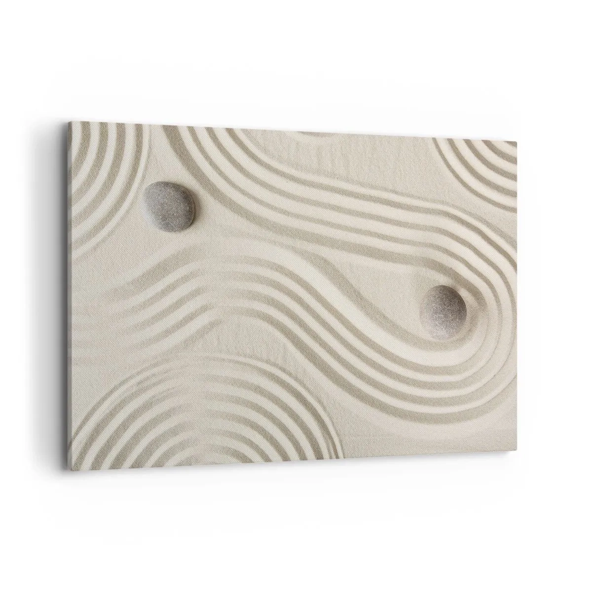 Obraz na płótnie - Minimalistyczny wzór zen z piaskiem i kamieniami - 120x80cm - Dotyk ciepła - Nowoczesna dekoracja ścienna do salonu, kuchni i sypialni ARTTOR