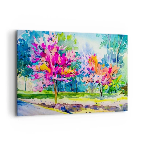 Obraz na płótnie - Kolorowe drzewa w parku w stylu akwarelowym - 120x80cm - Tęczowy ogród w wiosennym blasku - Nowoczesna dekoracja ścienna do salonu, kuchni i sypialni ARTTOR