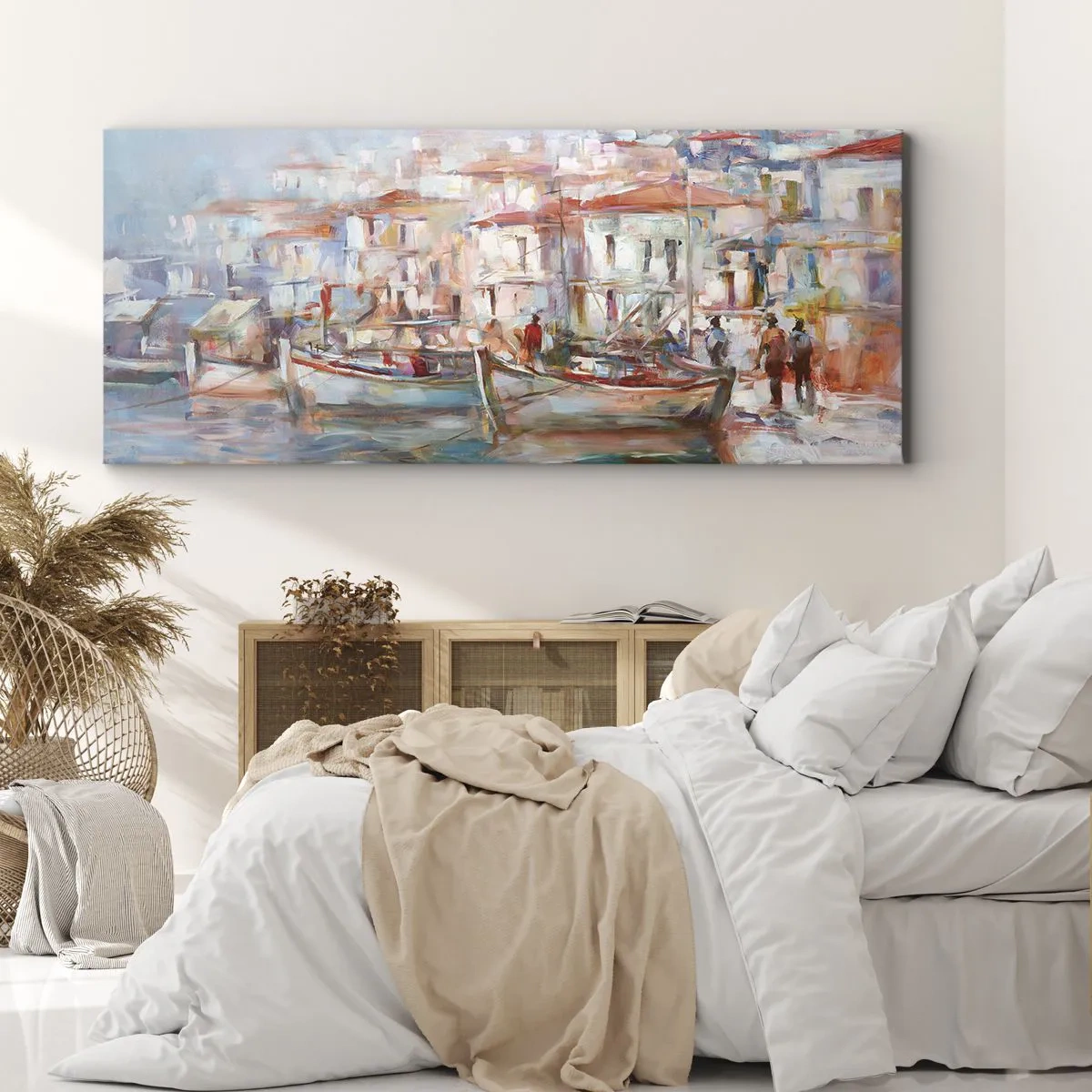Obraz na płótnie - Impresja portowa z łodziami i budynkami - 160x50cm - Pastelowe wakacje - Nowoczesna dekoracja ścienna do salonu i sypialni ARTTOR