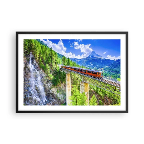 Plakat w czarnej ramie - Górska kolejka na moście z widokiem na wodospad i góry - 70x50cm - Kolej na Alpy - Nowoczesna dekoracja ścienna do salonu i sypialni ARTTOR