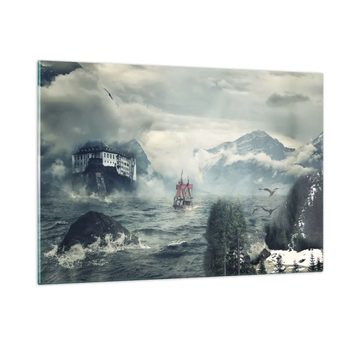 Obraz na szkle - Statek na wzburzonym morzu z zamkiem w tle - 120x80cm - Na magicznych wodach - Nowoczesna dekoracja ścienna do salonu, kuchni i sypialni ARTTOR
