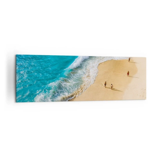 Obraz na płótnie - Plaża z turkusową wodą i spacerującymi ludźmi - 160x50cm - A potem słońce, plaża… - Nowoczesna dekoracja ścienna do salonu i sypialni ARTTOR