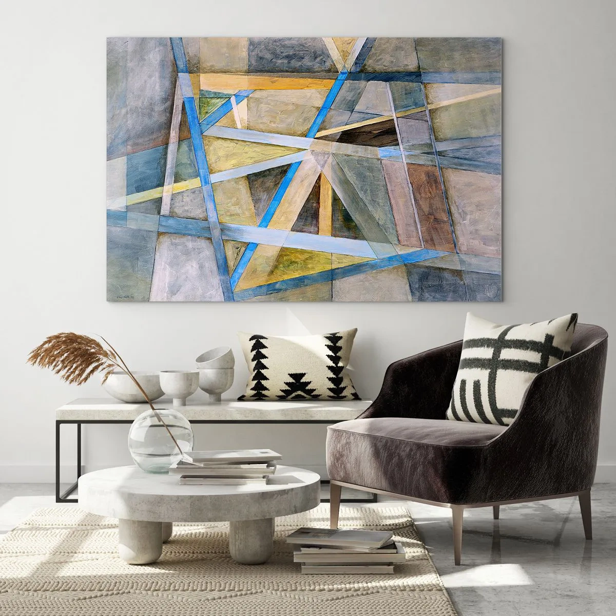 Obraz na szkle - Abstrakcyjna kompozycja z geometrycznymi kształtami - 70x50cm - Na wprost czy na skos? - Nowoczesna dekoracja ścienna do salonu i sypialni ARTTOR