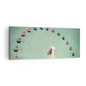 Obraz na płótnie - Kolorowy diabelski młyn na tle błękitnego nieba w stylu retro - 120x50cm - Zapraszamy do zabawy - Nowoczesna dekoracja ścienna do salonu i sypialni ARTTOR