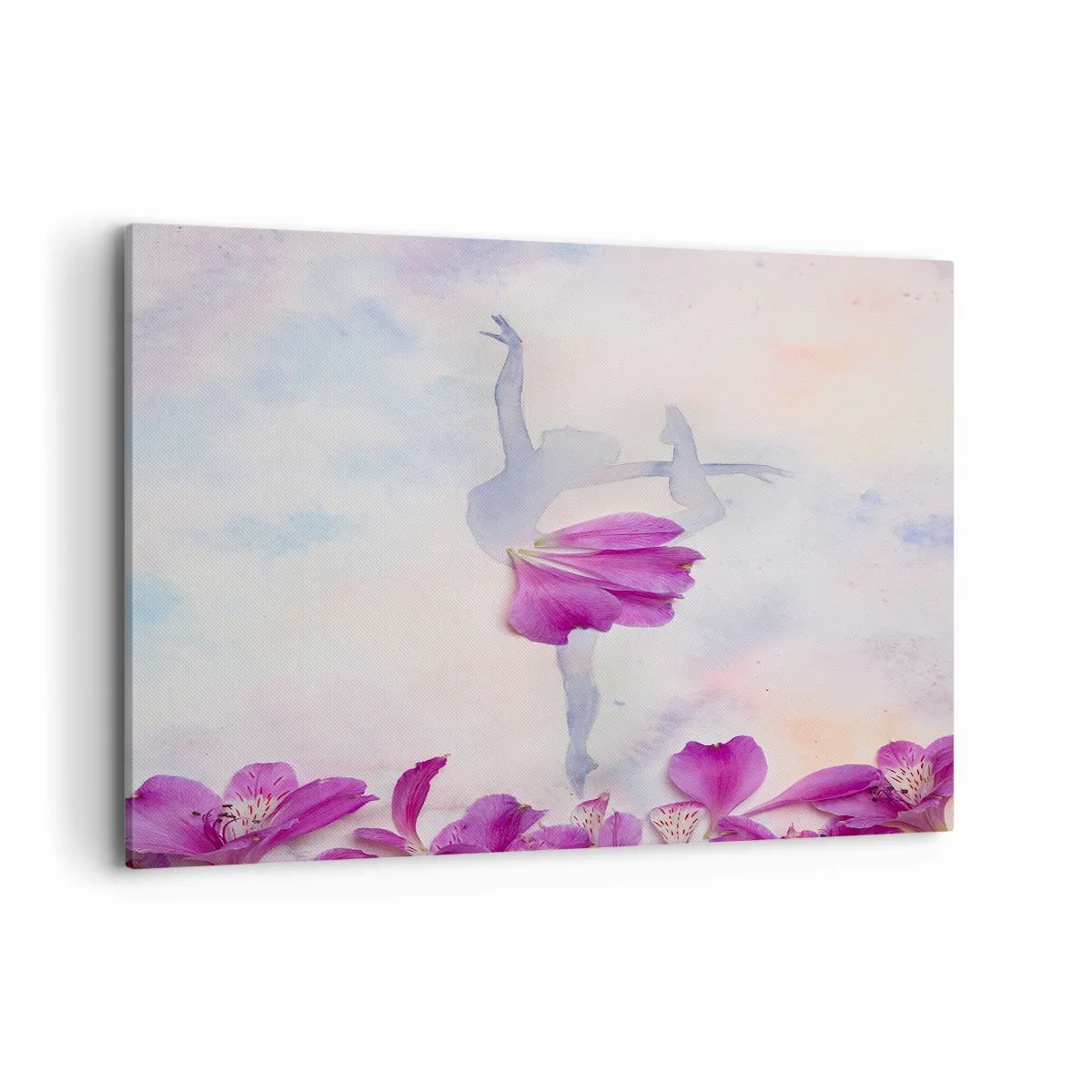 Obraz na płótnie - Tancerka w sukni z płatka kwiatu na tle pastelowym - 120x80cm - Delikatna jak kwiat - Nowoczesna dekoracja ścienna do salonu, kuchni i sypialni ARTTOR