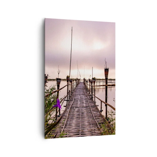 Obraz na płótnie - Bambusowy most na wodzie o świcie - 80x120cm - Spokój i cisza Azji - Nowoczesna dekoracja ścienna do salonu i sypialni ARTTOR