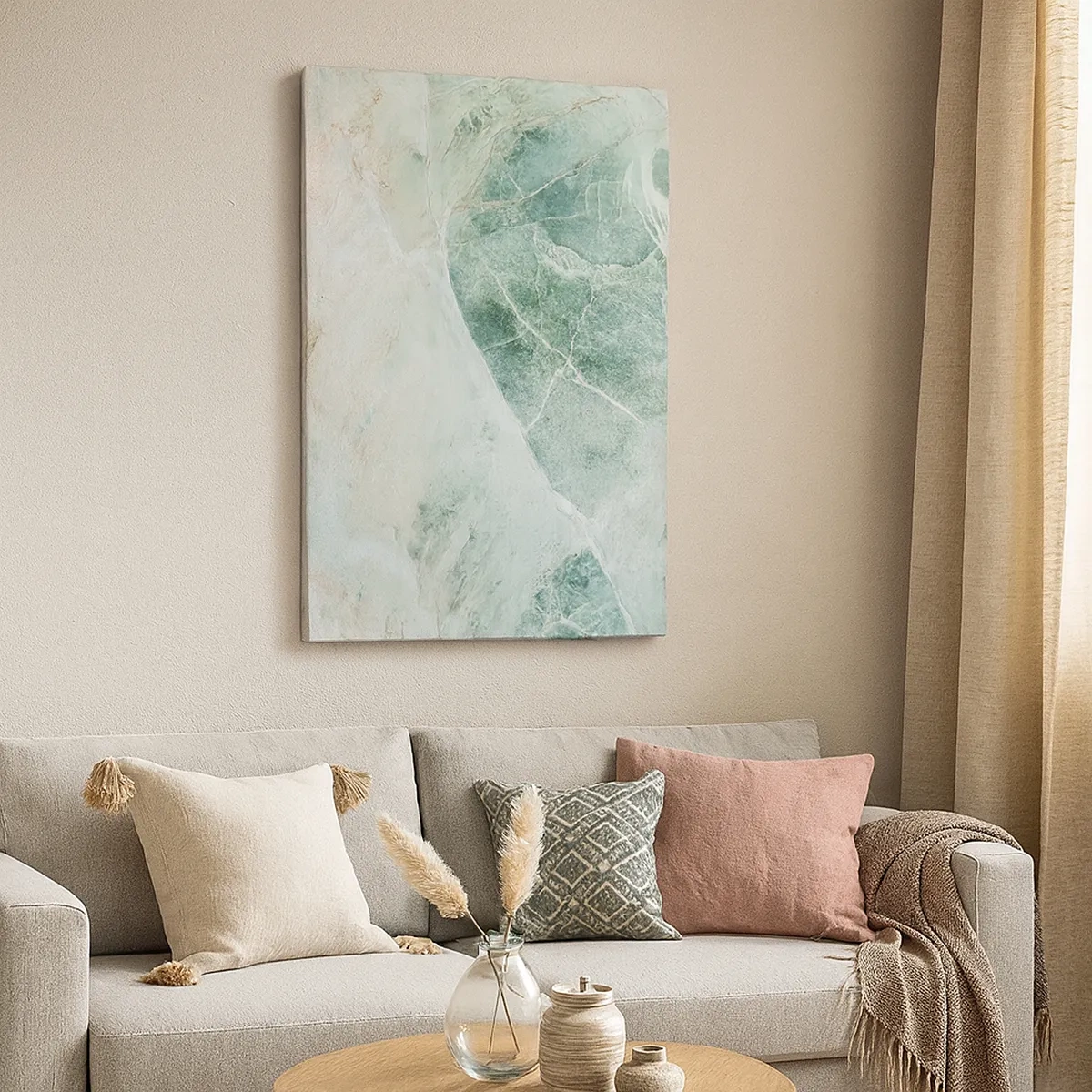 Obraz na płótnie - Zielony marmurowy wzór o subtelnych, naturalnych przejściach barw - 50x70cm - Szlachetny chłód kamienia - Nowoczesna dekoracja ścienna do salonu, kuchni i sypialni ARTTOR