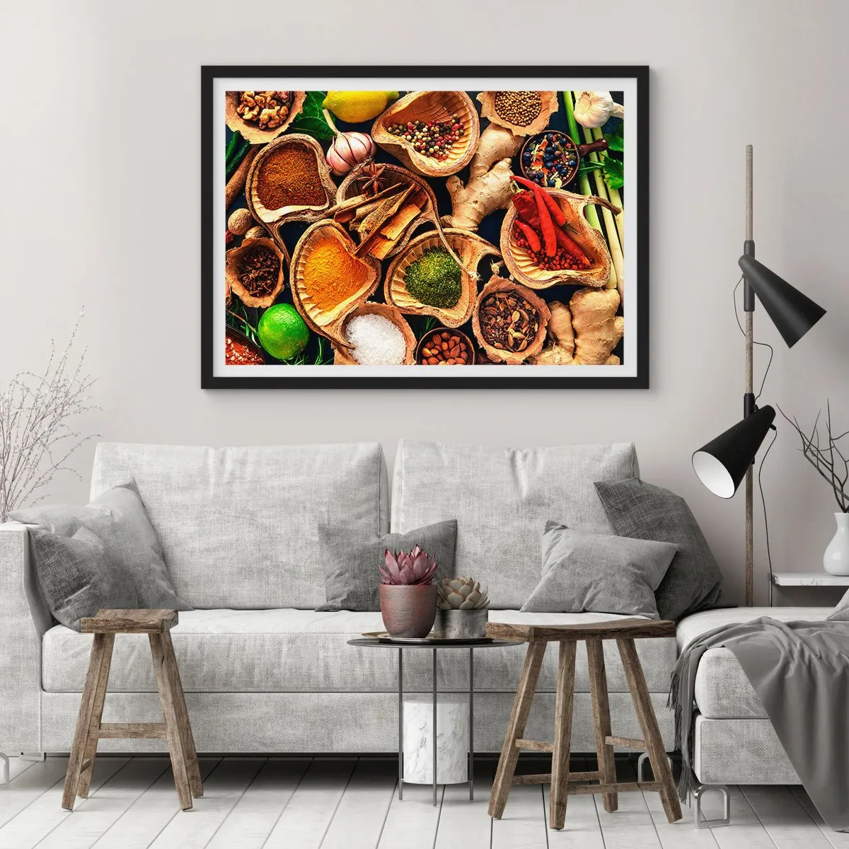 Plakat w czarnej ramie - Miseczki z przyprawami w różnych kolorach - 70x50cm - Bierz, co chcesz - Nowoczesna dekoracja ścienna do salonu i sypialni ARTTOR