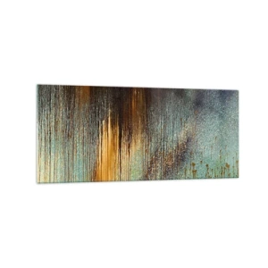 Obraz na szkle - Abstrakcyjna kompozycja barw w odcieniach złota, brązu i błękitu - 120x50cm - Nieprzypadkowa barwna kompozycja - Nowoczesna dekoracja ścienna do salonu i sypialni ARTTOR