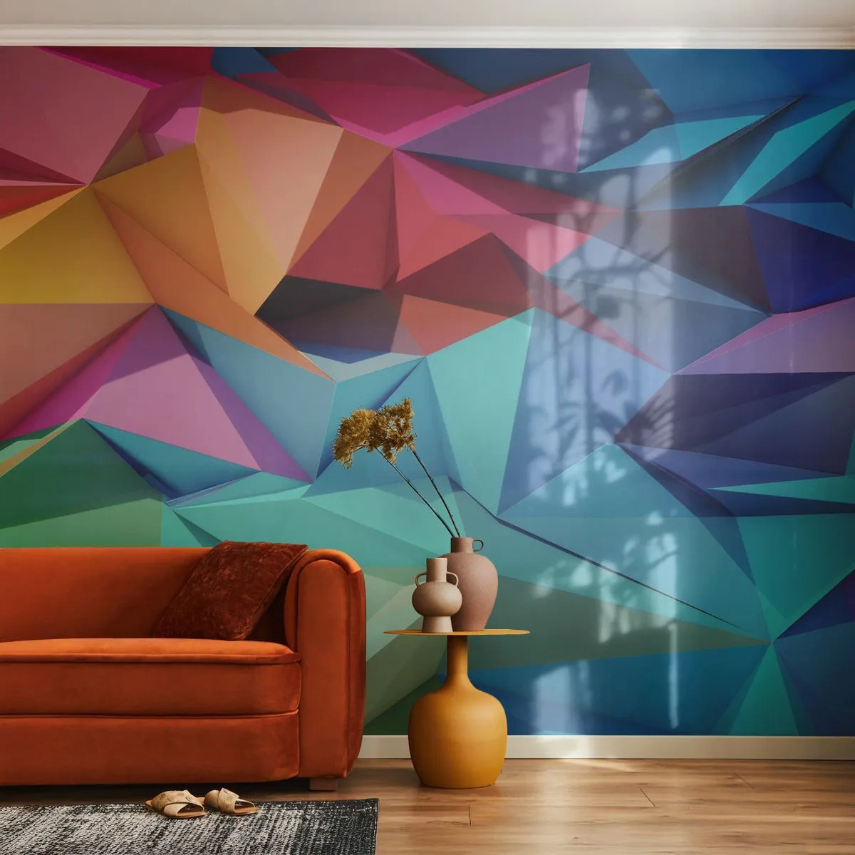 Fototapeta Premium Sand - Kolorowa abstrakcja geometryczna w stylu 3D - 100x70cm - Tęczowe origami - Nowoczesna dekoracja ścienna do salonu, kuchni i sypialni ARTTOR