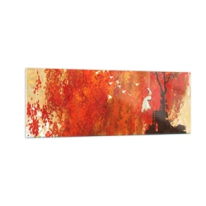 Obraz na szkle - Postać na huśtawce przy drzewie otoczonym czerwonymi liśćmi - 140x50cm - Poleci z nimi? - Nowoczesna dekoracja ścienna do salonu i sypialni ARTTOR