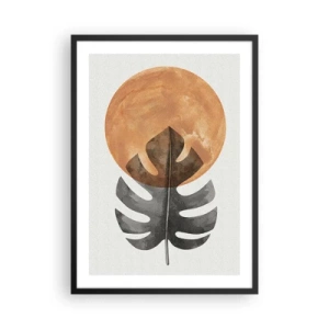 Plakat w czarnej ramie - Liść monstery na tle ciepłego pomarańczowego koła - 50x70cm - Zawsze słońce - Nowoczesna dekoracja ścienna do salonu i sypialni ARTTOR
