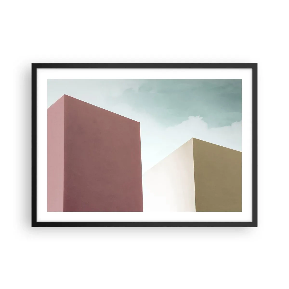 Plakat w czarnej ramie - Minimalistyczna architektura z pastelowymi blokami i niebem - 70x50cm - Geometria słonecznego lata - Nowoczesna dekoracja ścienna do salonu i sypialni ARTTOR