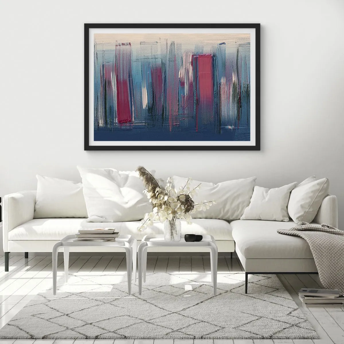 Plakat w czarnej ramie - Abstrakcyjne pionowe formy w odcieniach błękitu i czerwieni - 70x50cm - Kompozycja wertykalna w błękicie i czerwieni - Nowoczesna dekoracja ścienna do salonu i sypialni ARTTOR