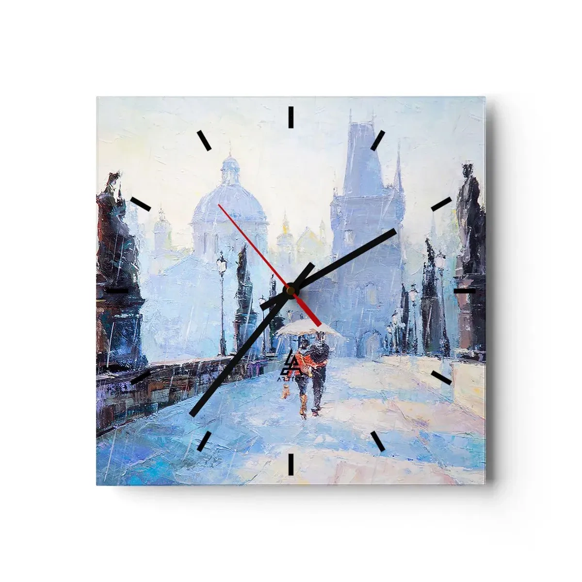 Zegar ścienny - Romantyczna para na moście w deszczu, malarska scena - 30x30cm - Nas zaczarować musiał deszcz - Nowoczesna dekoracja ścienna do salonu i sypialni ARTTOR