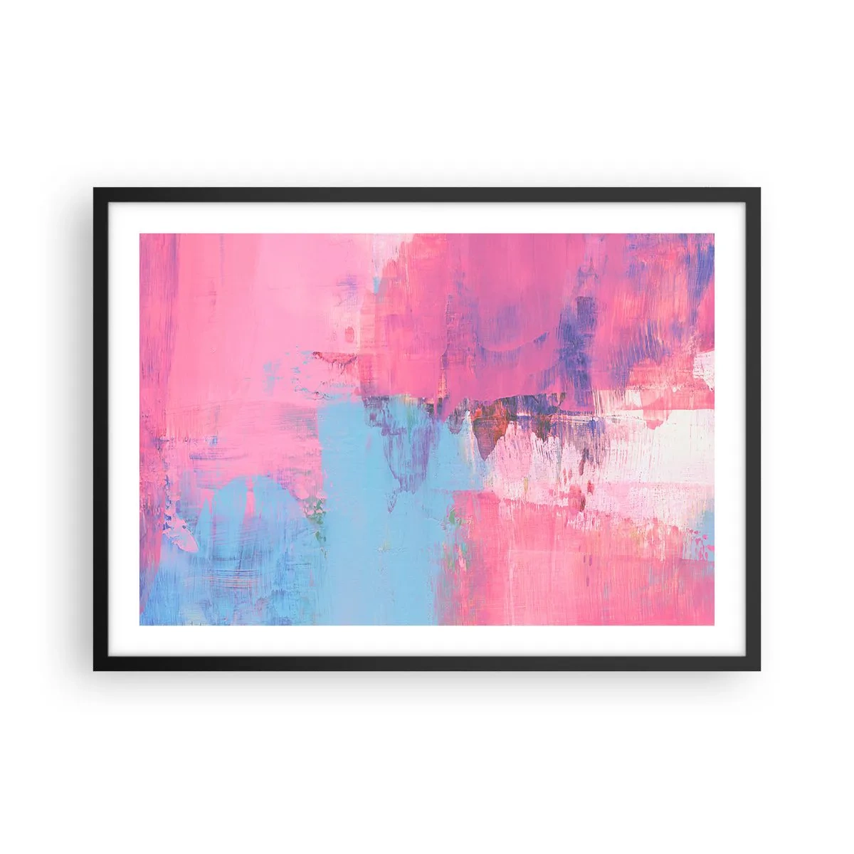 Plakat w czarnej ramie - Abstrakcyjna kompozycja w różu i błękicie - 70x50cm - Róż, błękit i szczypta światła - Nowoczesna dekoracja ścienna do salonu i sypialni ARTTOR