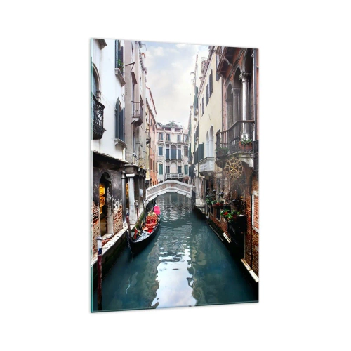 Obraz na szkle - Kanał w Wenecji z gondolą i zabytkowymi kamienicami - 70x100cm - Pejzaż wenecki z gondolą i mostkiem - Nowoczesna dekoracja ścienna do salonu i sypialni ARTTOR