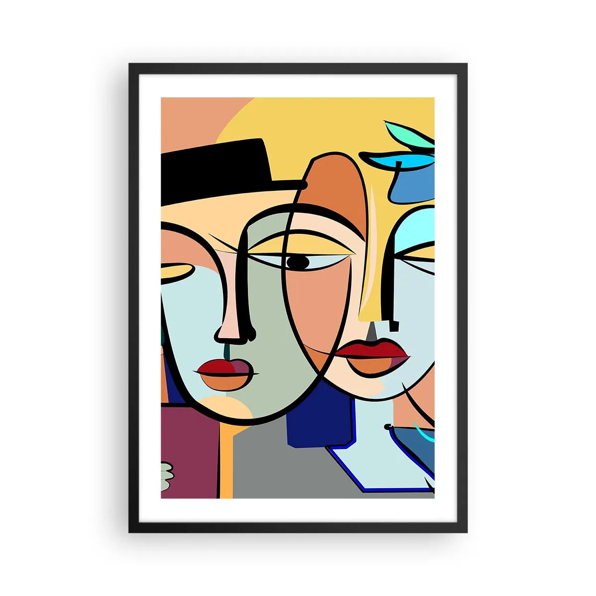Plakat w czarnej ramie - Kolorowa abstrakcyjna kompozycja twarzy w stylu kubistycznym - 50x70cm - Picassowskie randez vous - Nowoczesna dekoracja ścienna do salonu i sypialni ARTTOR