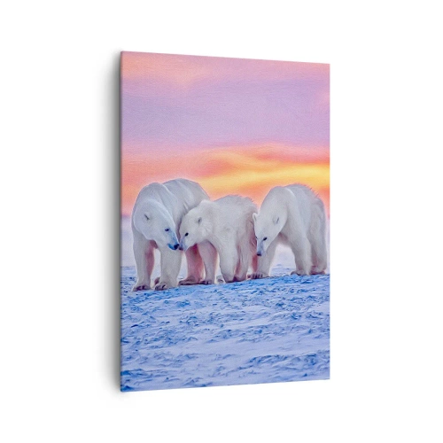 Obraz na płótnie - Trzy niedźwiedzie polarne na tle arktycznego zachodu słońca - 70x100cm - Wystarczy rodzinne ciepło - Nowoczesna dekoracja ścienna do salonu i sypialni ARTTOR