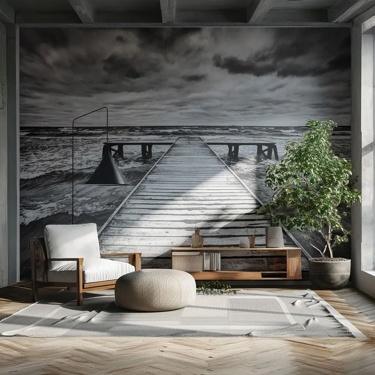 Fototapeta Premium Sand - Drewniane molo w czerni i bieli - 100x70cm - Czekam na wiatr, co rozgoni… - Nowoczesna dekoracja ścienna do salonu, kuchni i sypialni ARTTOR