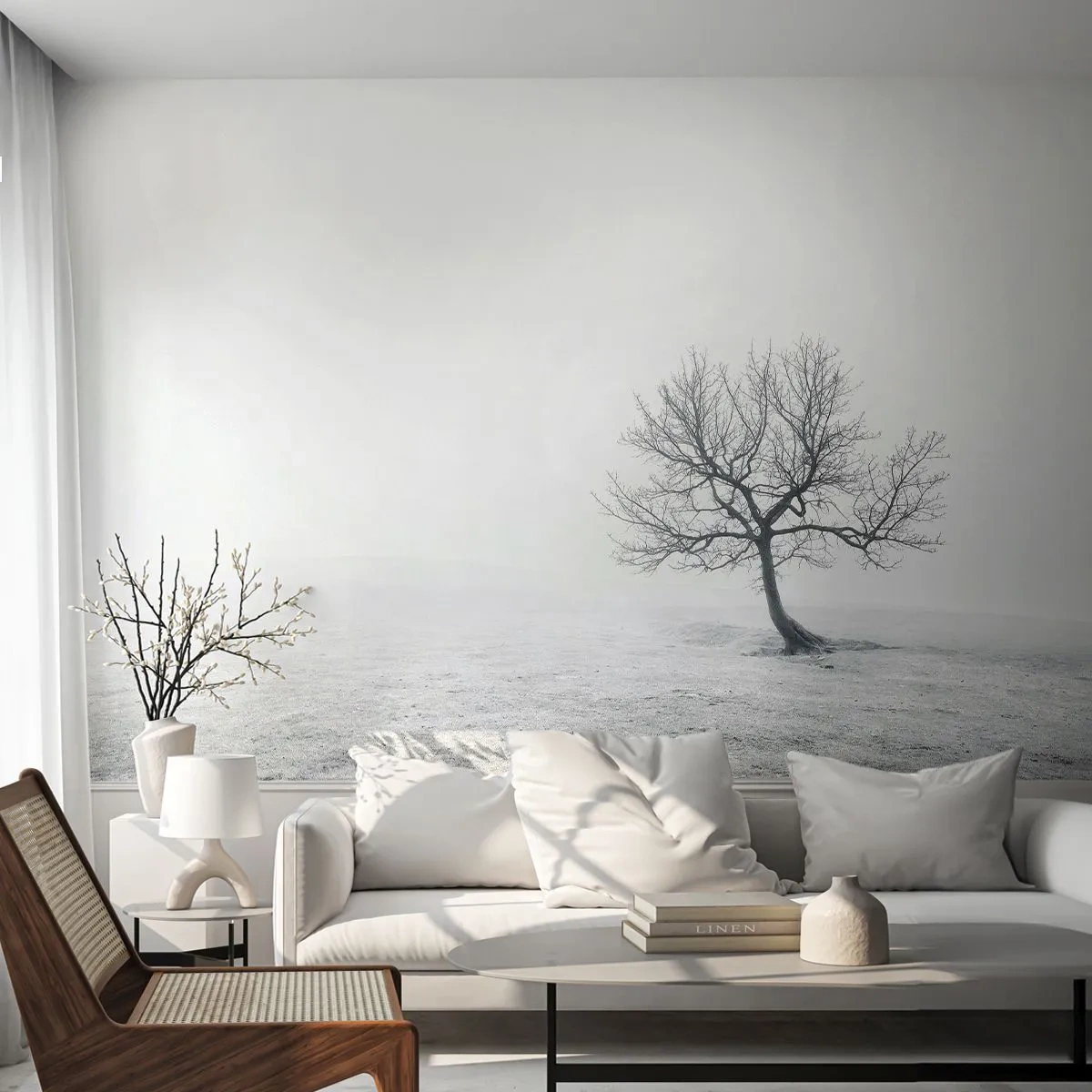Fototapeta Premium Sand - Samotne drzewo w zimowej mgle na minimalistycznym tle - 100x70cm - Przeciw nicości - Nowoczesna dekoracja ścienna do salonu, kuchni i sypialni ARTTOR