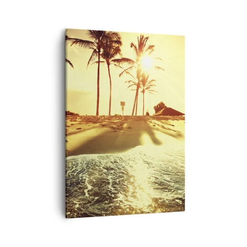 Obraz na płótnie - Plaża z palmami i zachodzącym słońcem w ciepłych tonach - 50x70cm - Kalifornijskie popołudnie - Nowoczesna dekoracja ścienna do salonu, kuchni i sypialni ARTTOR