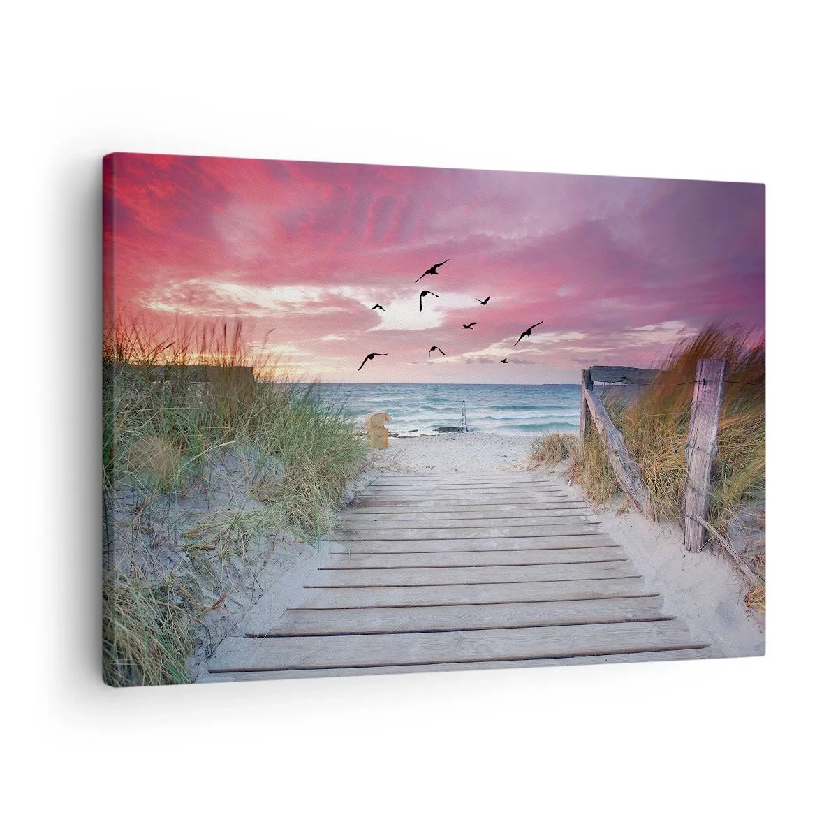 Obraz na płótnie - Drewniana ścieżka na plaży o różowym zachodzie słońca - 70x50cm - Bałtycka impresja - Nowoczesna dekoracja ścienna do salonu i sypialni ARTTOR