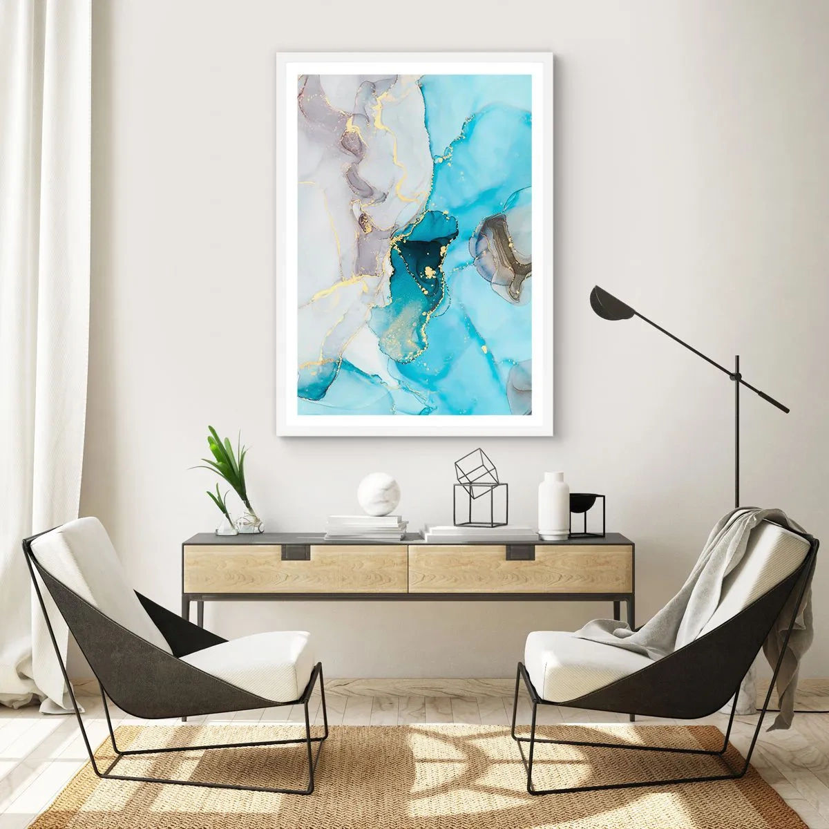 Plakat w białej ramie - Studium spotkania szarości z turkusem - 40x50 cm