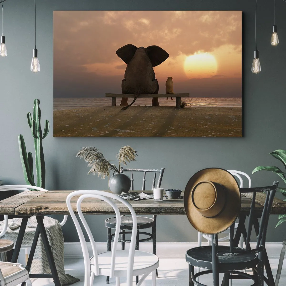 Obraz na płótnie - Słoń i pies siedzą na ławce na plaży podczas zachodu słońca - 70x50cm - Dobrze jest razem pomilczeć - Nowoczesna dekoracja ścienna do salonu i sypialni ARTTOR
