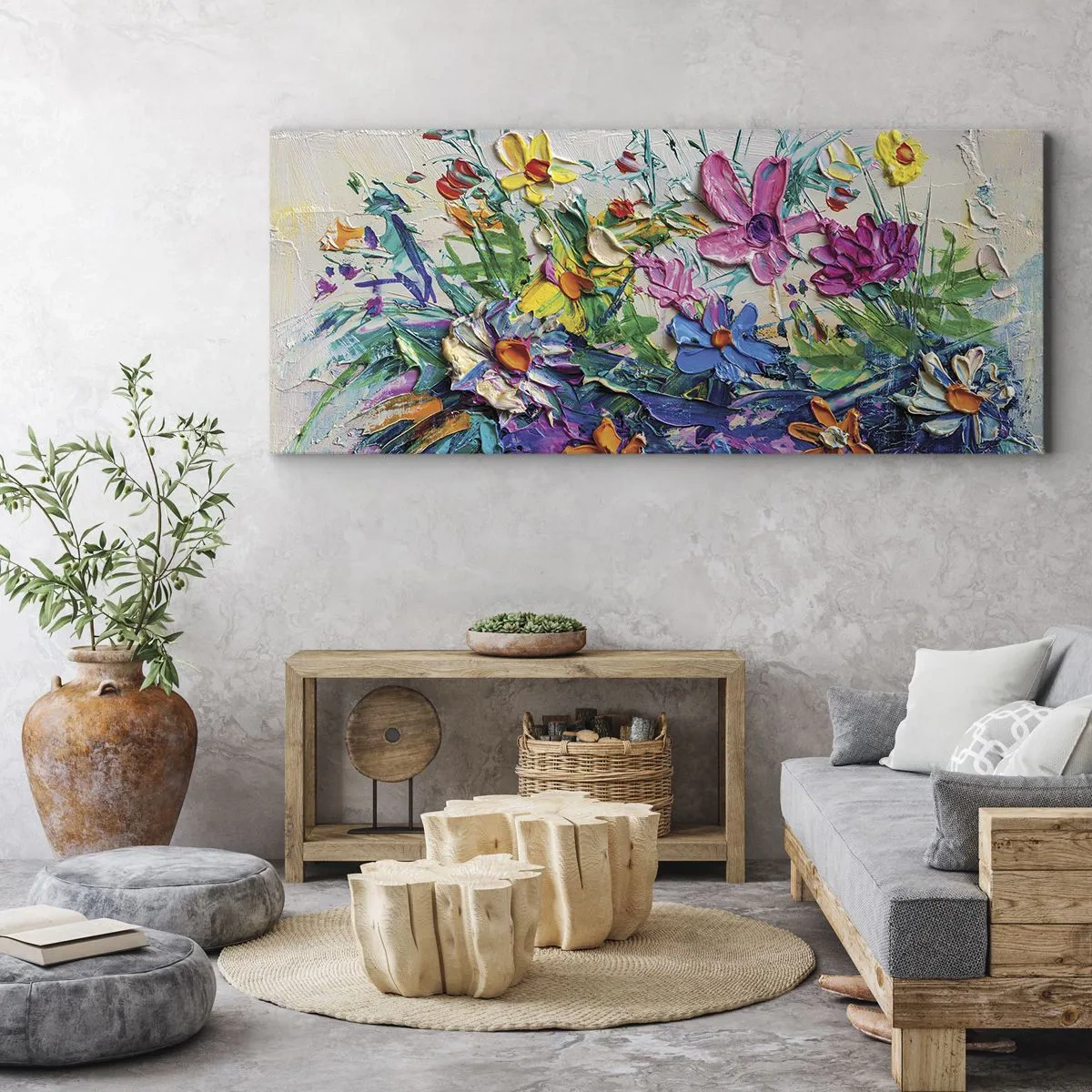 Obraz na płótnie - Kolorowy bukiet kwiatów namalowany techniką impasto - 160x50cm - Wcale nie-martwa natura - Nowoczesna dekoracja ścienna do salonu i sypialni ARTTOR