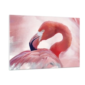 Obraz na szkle - Różowy flaming z gracją zwrócony w bok - 120x80cm - Ptasia uroda - Nowoczesna dekoracja ścienna do salonu, kuchni i sypialni ARTTOR