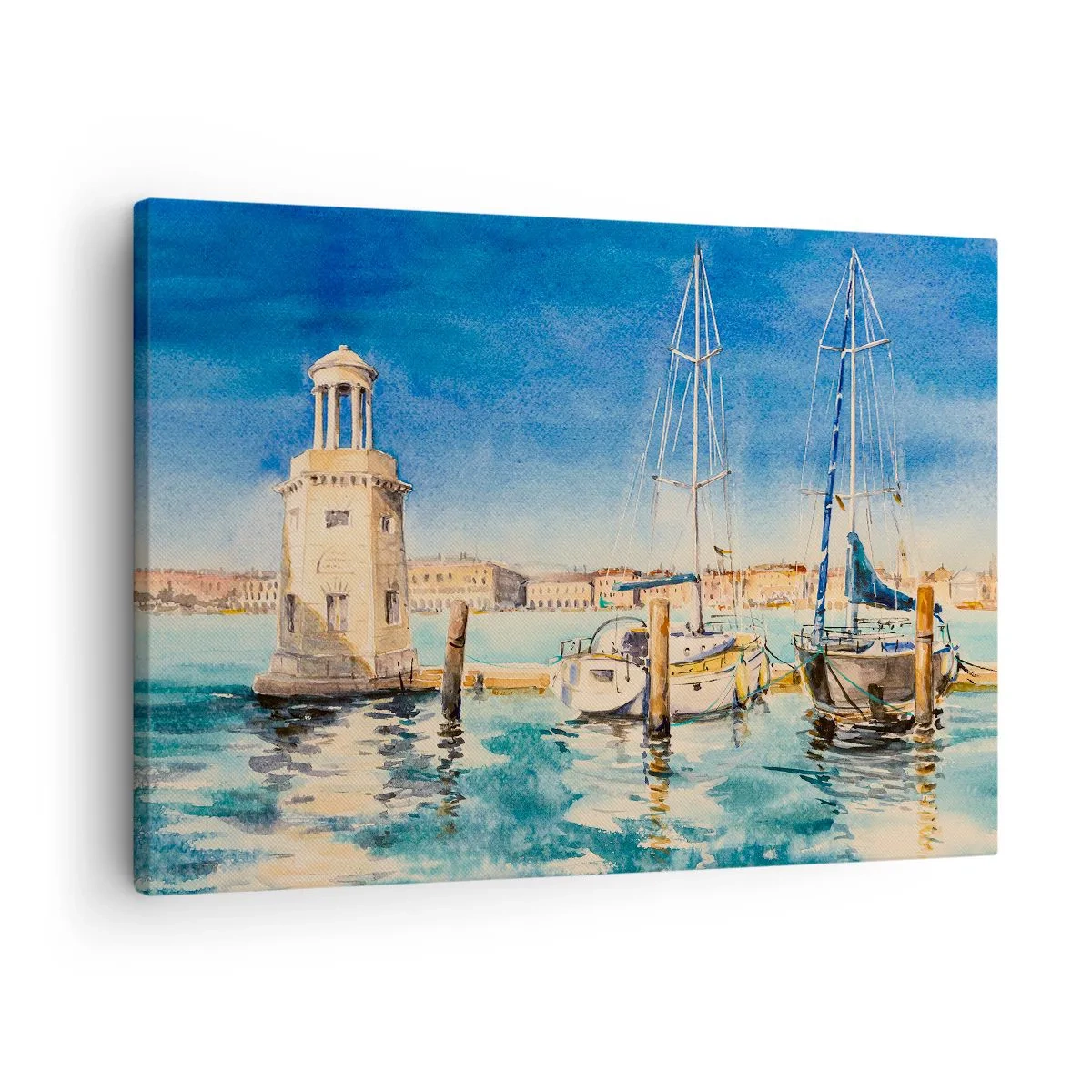 Obraz na płótnie - Marina z łodziami na tle błękitnej laguny - 70x50cm - Słoneczna laguna - Nowoczesna dekoracja ścienna do salonu i sypialni ARTTOR