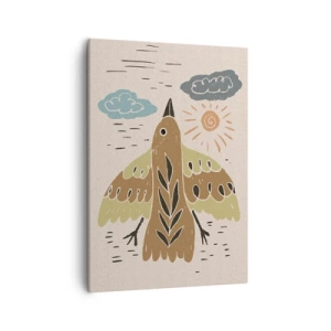 Obraz na płótnie - Stylizowany ptak w locie na tle słońca i chmur - 50x70cm - Radosny lot - Nowoczesna dekoracja ścienna do salonu, kuchni i sypialni ARTTOR