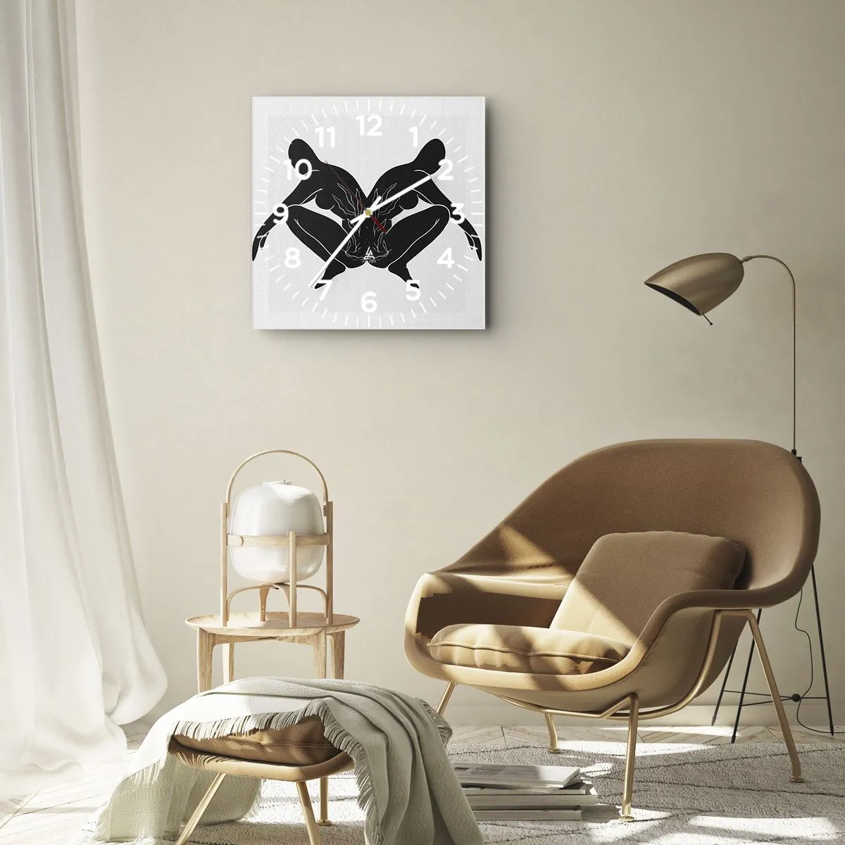 Zegar ścienny - Czarne sylwetki w symetrycznej pozycji na białym tle - 30x30cm - Wspólna dusza - Nowoczesna dekoracja ścienna do salonu i sypialni ARTTOR