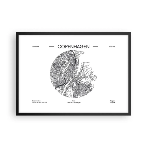 Plakat w czarnej ramie - Mapa Kopenhagi w minimalistycznym, czarno-białym stylu - 70x50cm - Anatomia Kopenhagi - Nowoczesna dekoracja ścienna do salonu i sypialni ARTTOR