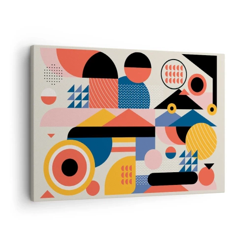 Obraz na płótnie - Kolorowe geometryczne kształty w stylu retro - 70x50cm - Kompozycja: pobaw się - Nowoczesna dekoracja ścienna do salonu i sypialni ARTTOR