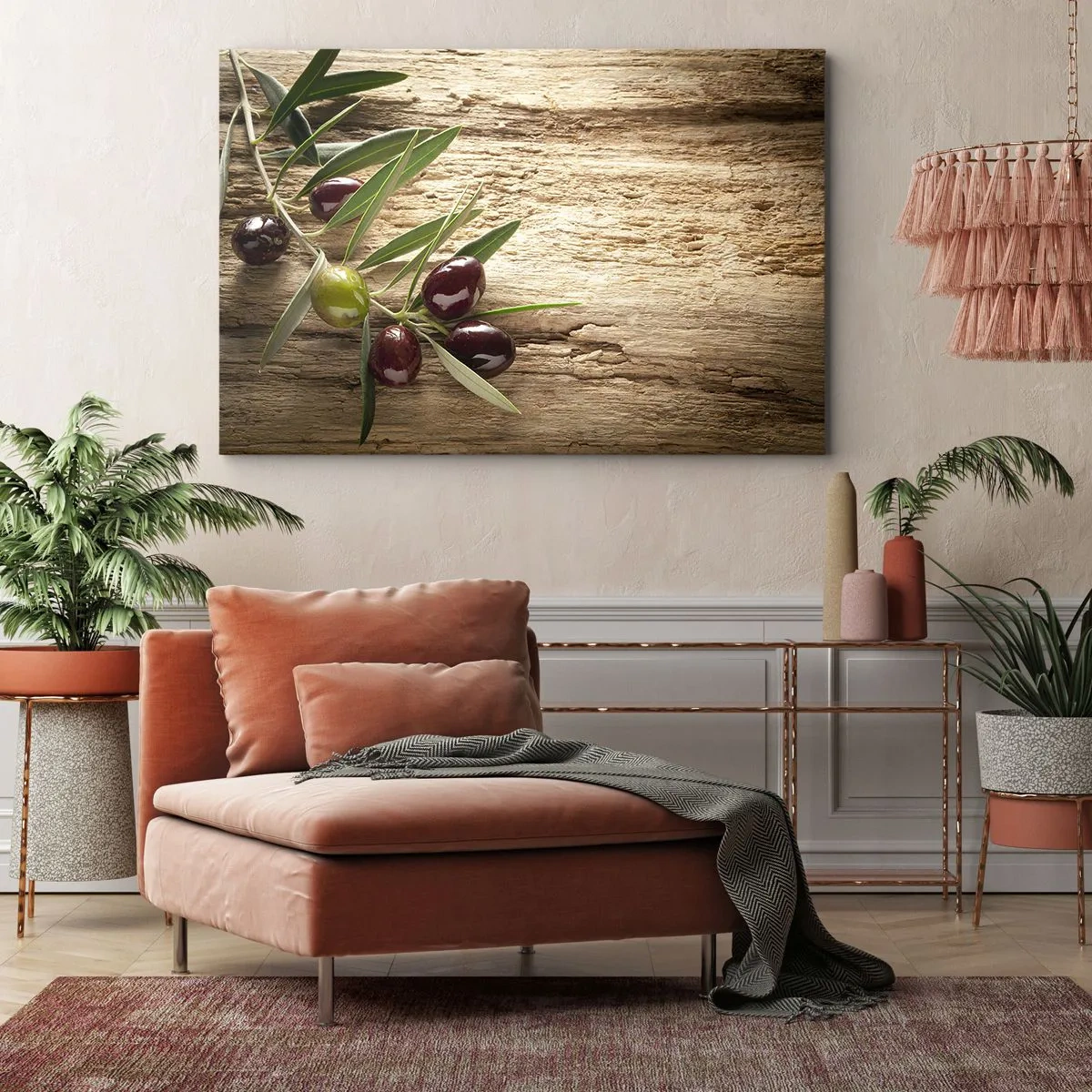 Obraz na płótnie - Gałązka oliwna z owocami na tle postarzanego drewna - 70x50cm - Prosto od natury - Nowoczesna dekoracja ścienna do salonu i sypialni ARTTOR