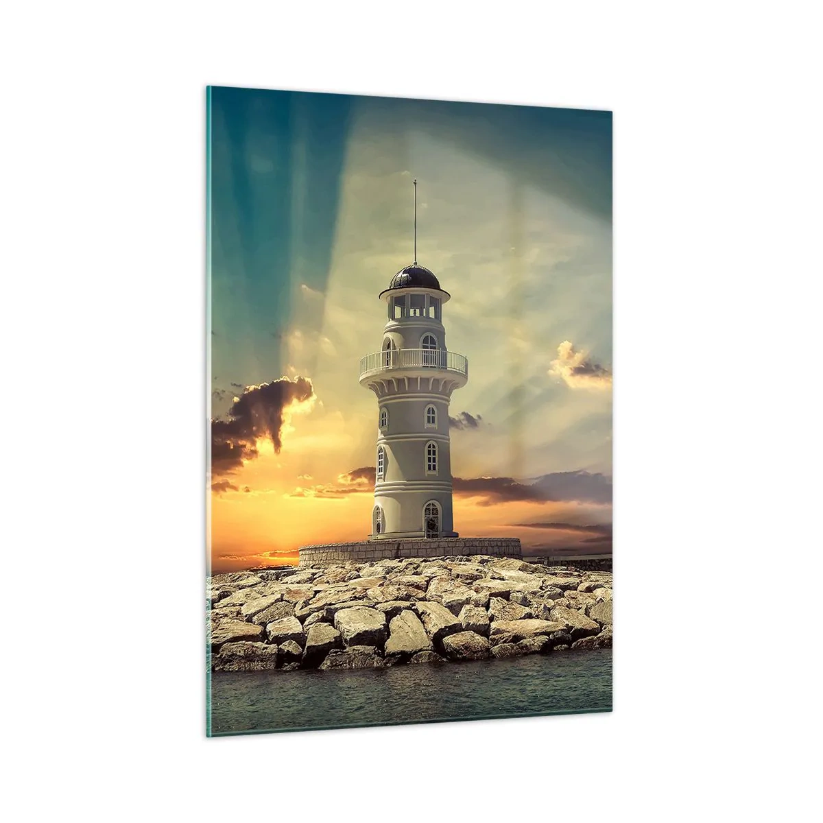Obraz na szkle - Latarnia morska na tle zachodzącego słońca - 50x70cm - Światło - Dobro - Piękno - Nowoczesna dekoracja ścienna do salonu, kuchni i sypialni ARTTOR