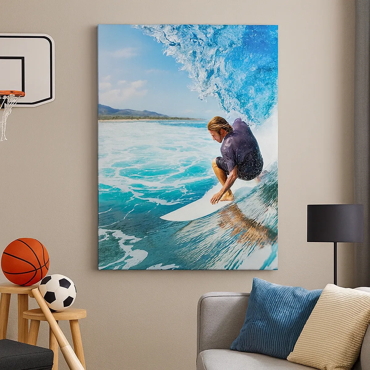 Obraz na płótnie - Surfer w tunelu morskiej fali - 50x70cm - Tańczący z falami - Nowoczesna dekoracja ścienna do salonu, kuchni i sypialni ARTTOR