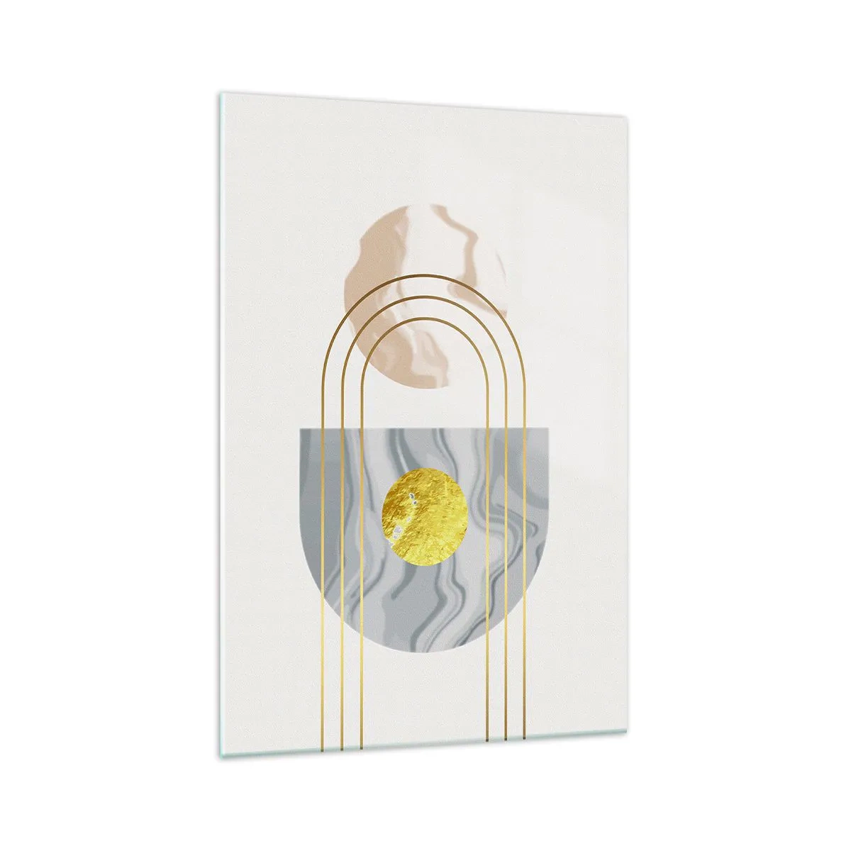 Obraz na szkle - Abstrakcyjna kompozycja z okręgami i złotymi liniami na jasnym tle - 70x100cm - Jasność i blask - Nowoczesna dekoracja ścienna do salonu i sypialni ARTTOR