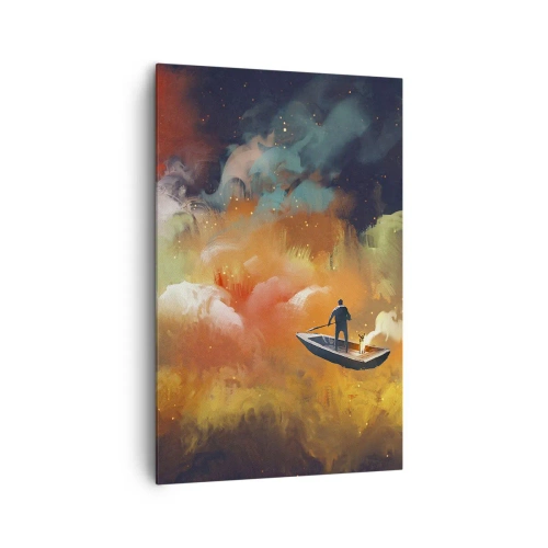 Obraz na płótnie - Postać w łodzi na tle kolorowych chmur - 80x120cm - Łodzią przez galaktykę - Nowoczesna dekoracja ścienna do salonu i sypialni ARTTOR